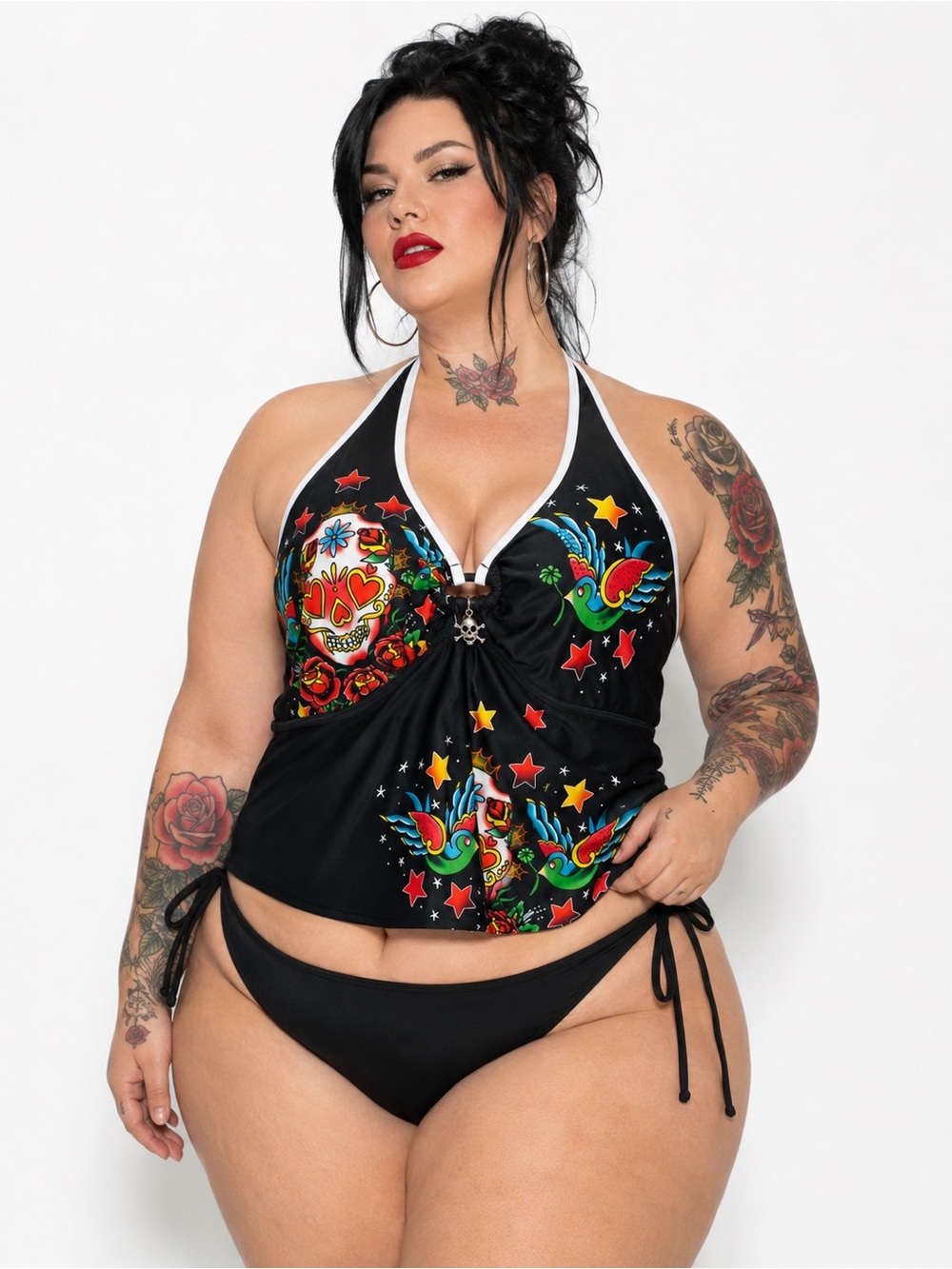 TORRID Deadstock Sugar Skull Sparrow Tattoo Print Tankini Swimsuit Top Tie Back